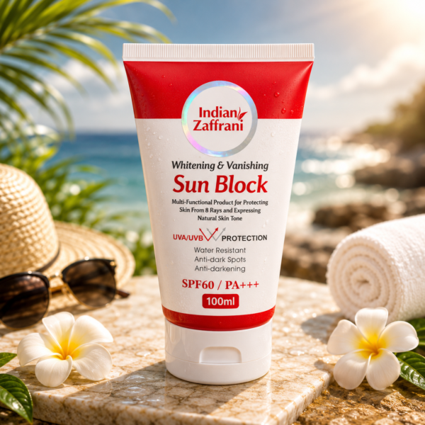 Indian Zaffrani Sun Block SPF 60 PA+++ – UVA/UVB Sunscreen Cream, Water Resistant Sun Protection, 100ml